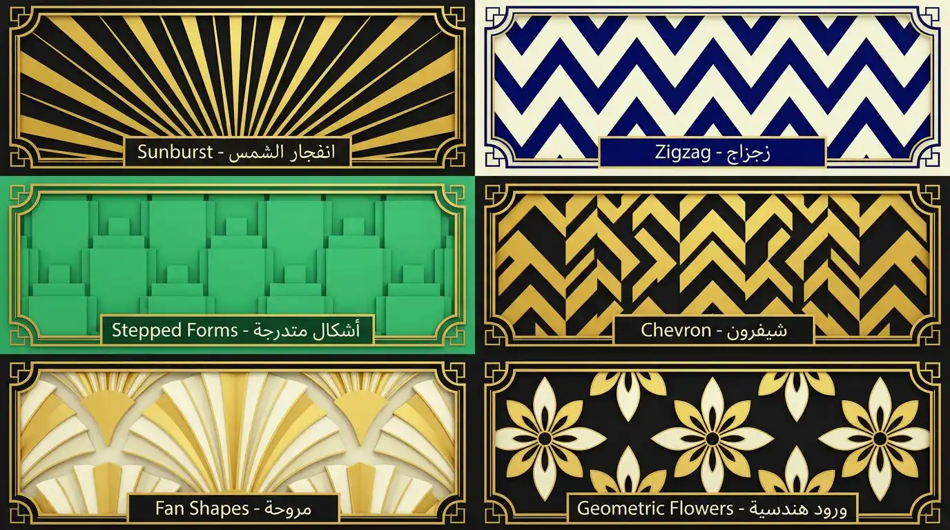 مجموعة من الأنماط الهندسية المميزة لآرت ديكو مع شرح لكل نمط