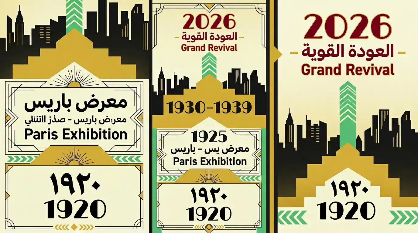 خط زمني يوضح تطور ستايل آرت ديكو من عشرينيات القرن الماضي حتى 2026