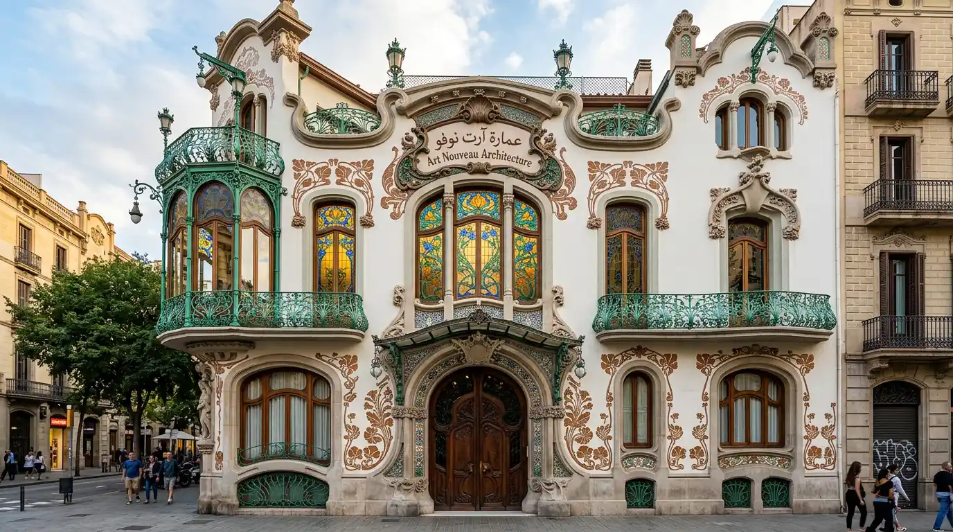 واجهة معمارية بستايل آرت نوفو تظهر منحنيات عضوية ونوافذ زجاجية ملونة وزخارف نباتية