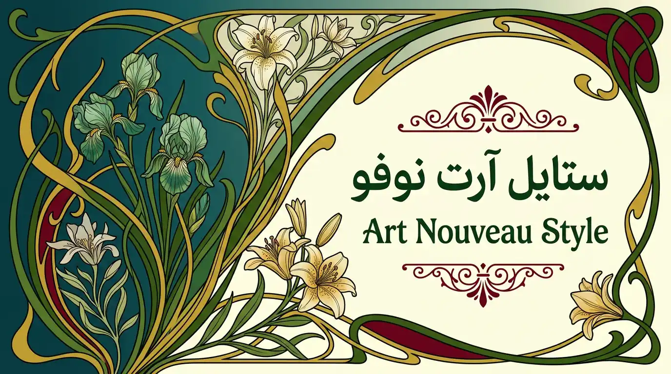 مشهد فني يجسد جوهر حركة آرت نوفو مع عناصر طبيعية متدفقة وخطوط عضوية انسيابية
