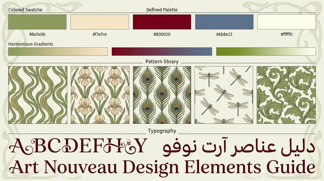 لوحة ألوان وعناصر تصميمية لآرت نوفو تشمل عينات ألوان وأشكال نباتية وخطوط انسيابية