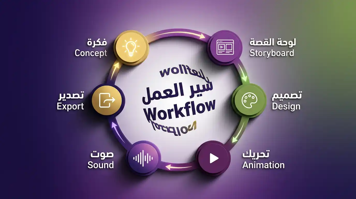 مخطط يوضح مراحل إنشاء الموشن جرافيك من الفكرة حتى النشر