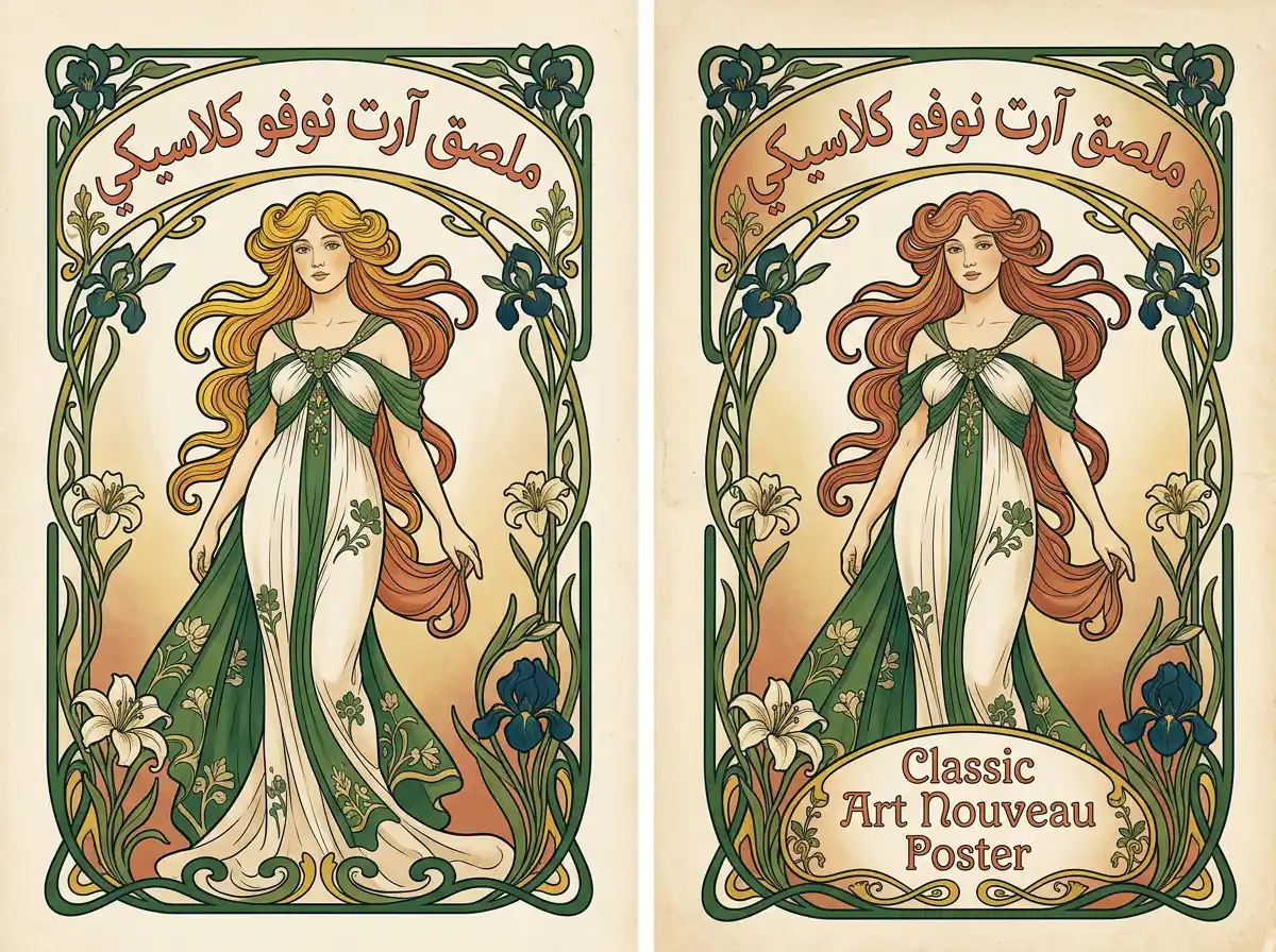 لوحة إعلانية كلاسيكية بستايل آرت نوفو تظهر امرأة أنيقة محاطة بإطار زهري منحني