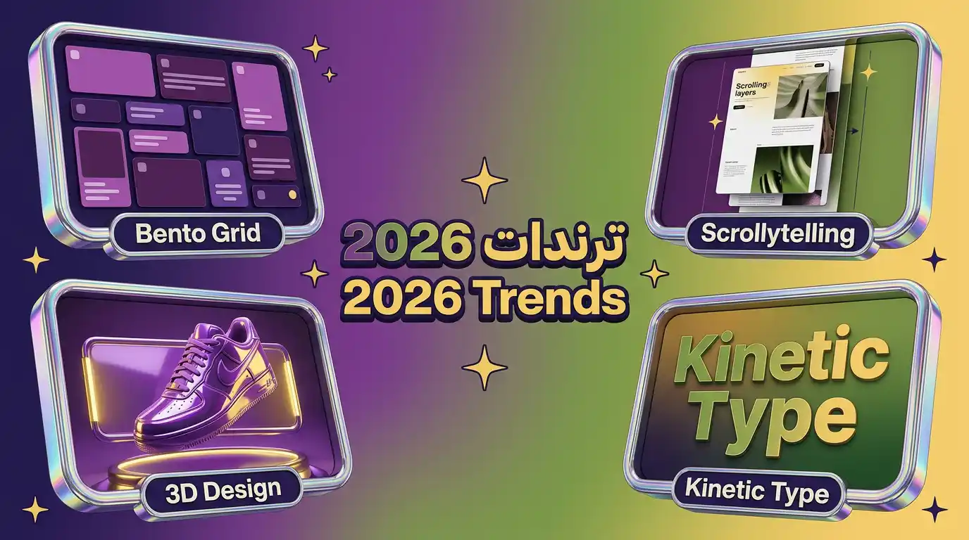 ترندات تصميم إضافية بـ 2026 – Bento Grid و Scrollytelling و 3D Elements