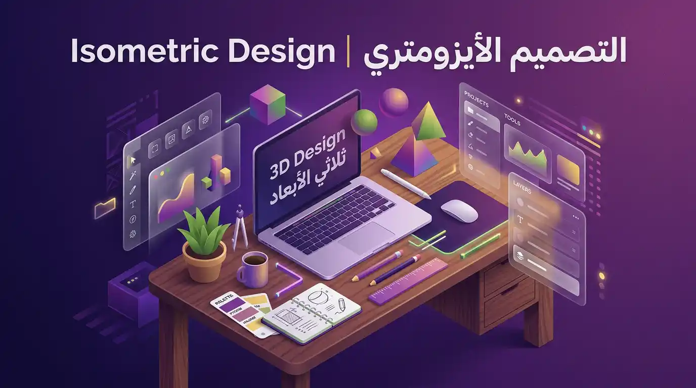 تصميم ثلاثي الأبعاد أيزومتري حديث يظهر مكتب عمل رقمي بألوان فينيقيا البنفسجية والذهبية