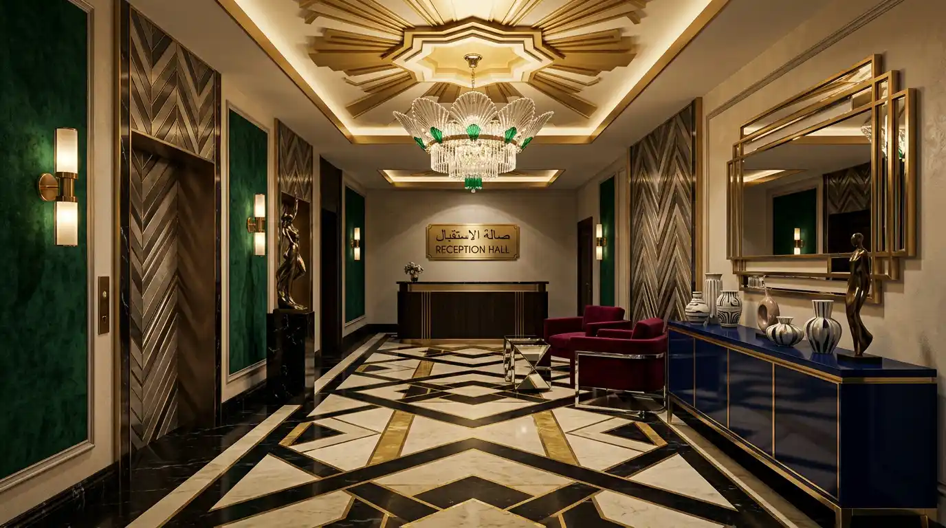 تصميم داخلي لصالة استقبال فاخرة بستايل آرت ديكو مع أثاث وإضاءة مميزة