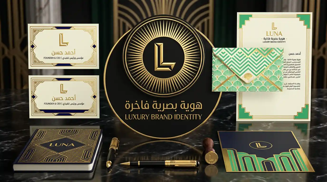 أمثلة على تصميم هوية بصرية بستايل آرت ديكو لبراند فخم