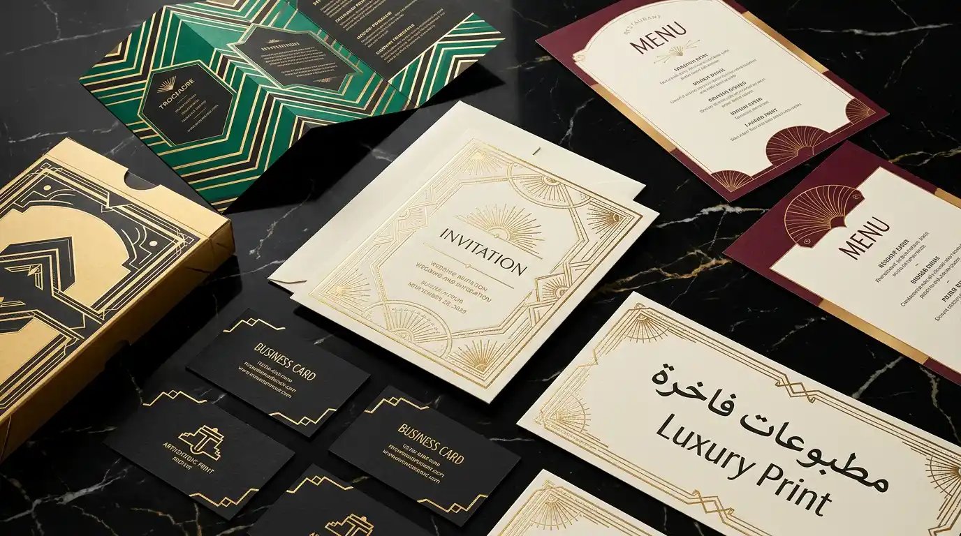 مجموعة مطبوعات فاخرة بستايل آرت ديكو تشمل دعوات وكروت وبروشورات