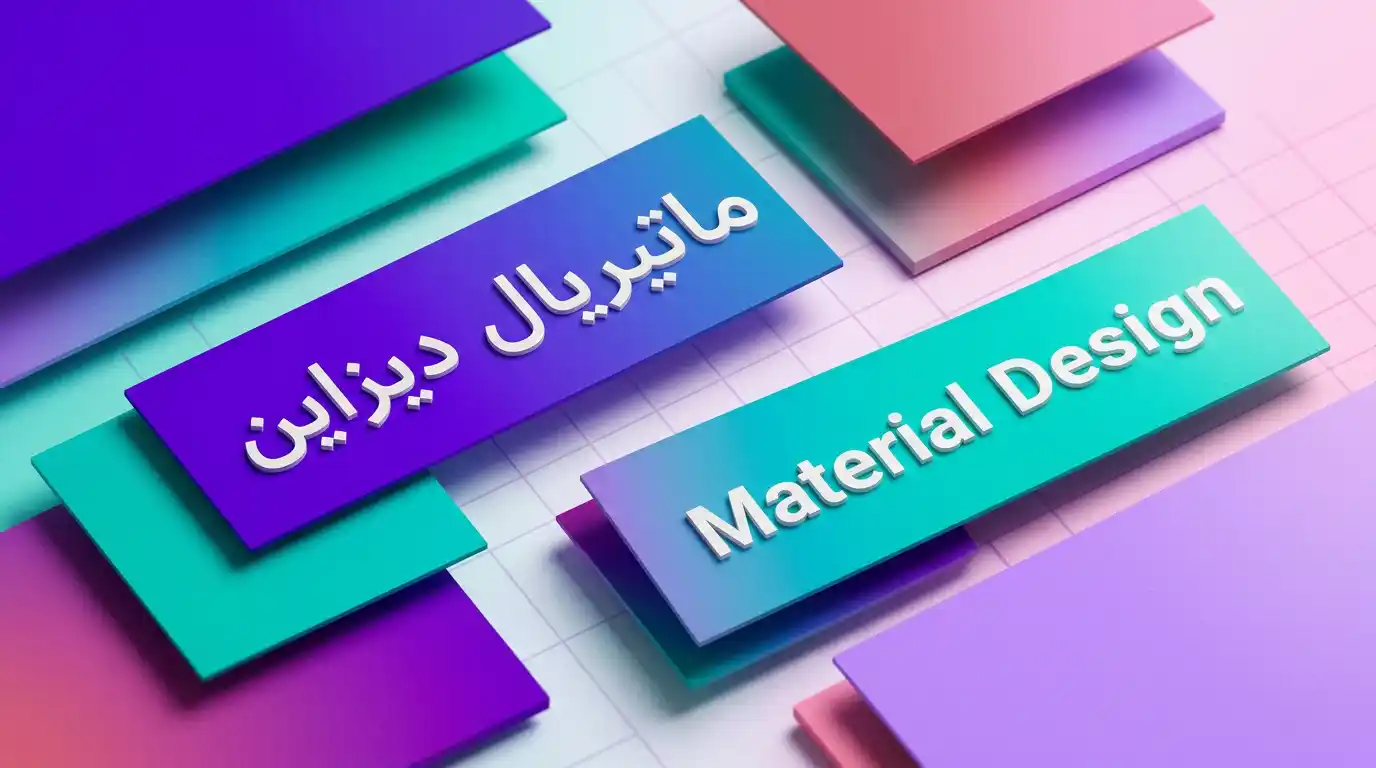 ماتيريال ديزاين - لوحة تصميمية ثلاثية الأبعاد تعرض مبادئ Material Design مع طبقات وظلال واقعية