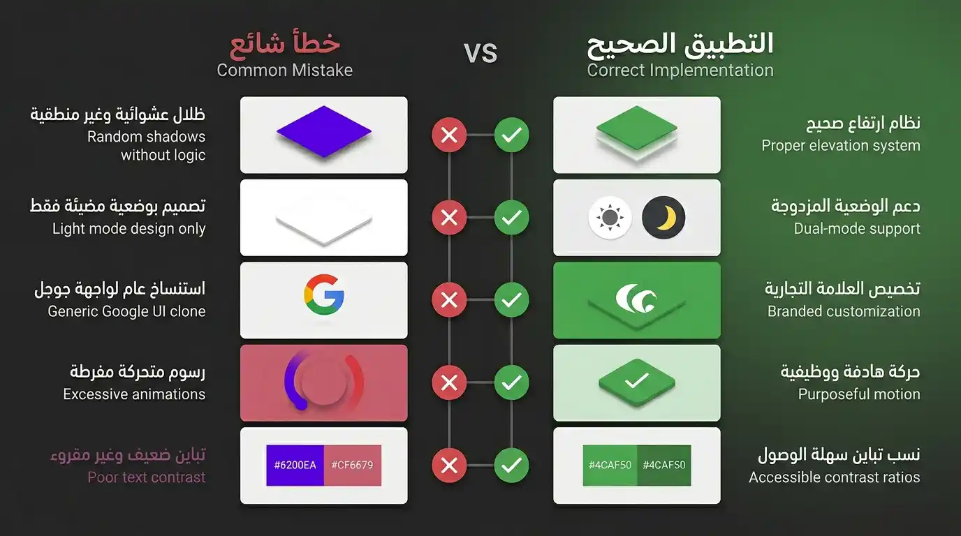 مقارنة بين تصميم خاطئ وصحيح باستخدام مبادئ ماتيريال ديزاين