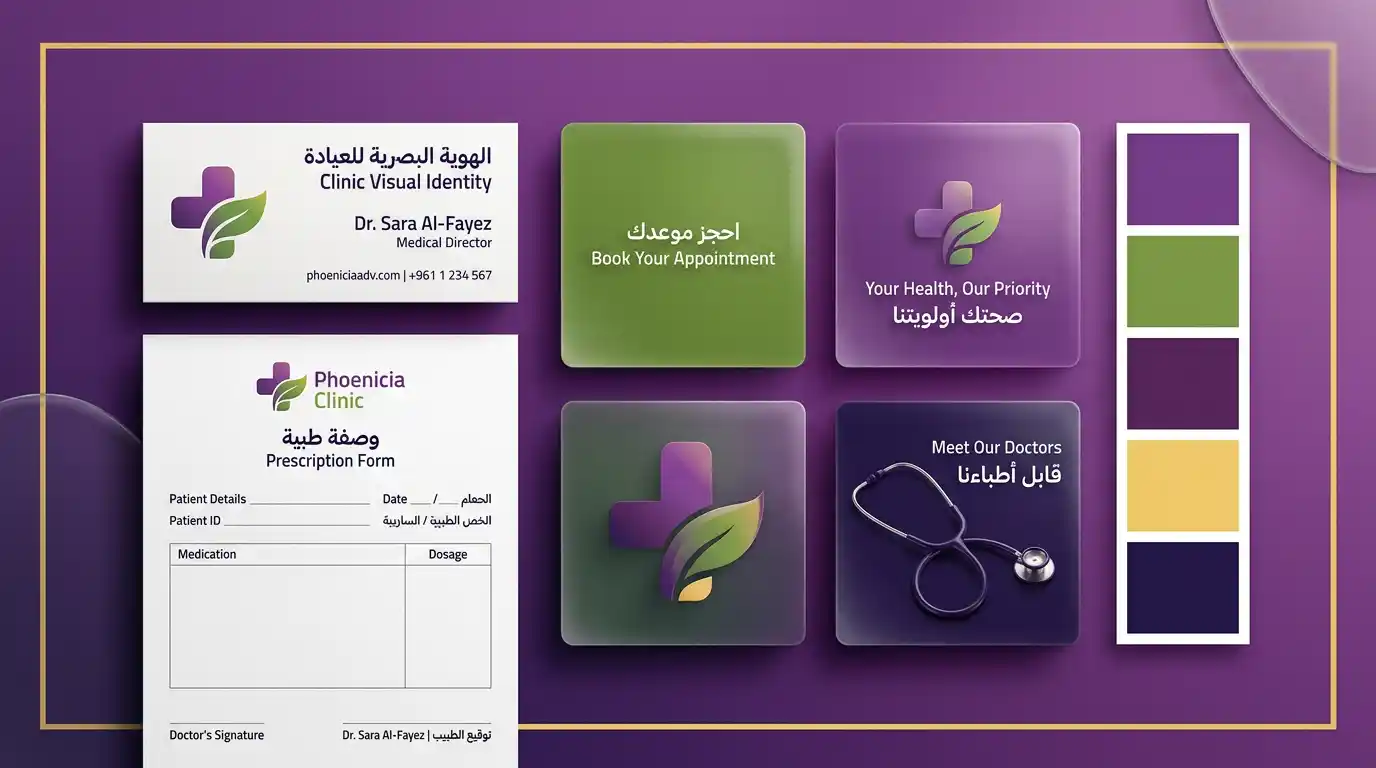 هوية بصرية احترافية ضمن استراتيجية تسويق طبي للعيادات في سوريا