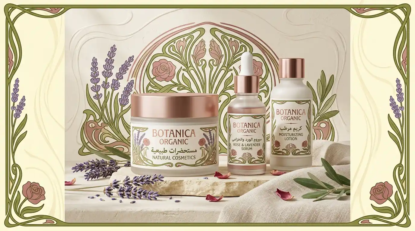 تصميم هوية بصرية معاصرة لمنتج تجميل طبيعي بستايل آرت نوفو مع عناصر نباتية وألوان ترابية