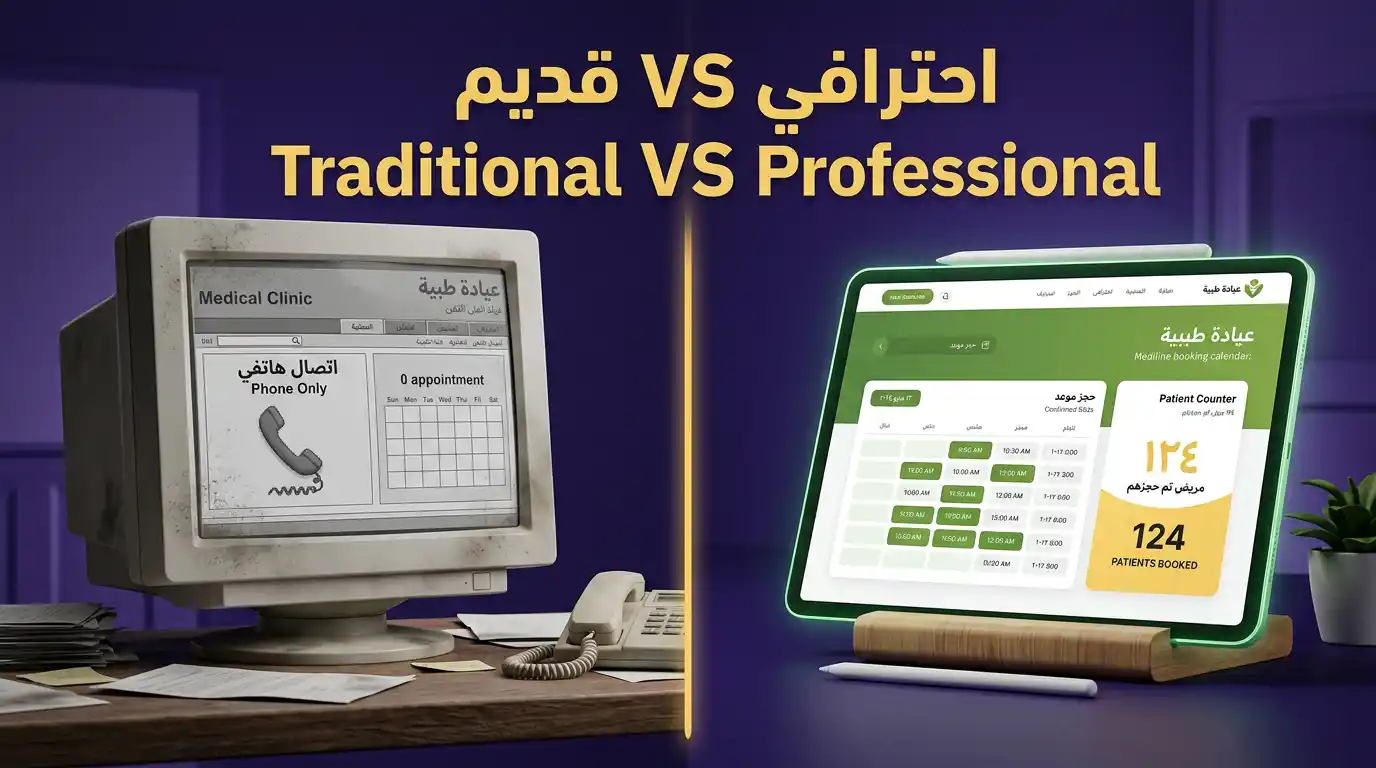 مقارنة بين موقع عيادة تقليدي وتصميم موقع طبي احترافي مع حجز مواعيد أونلاين 2026