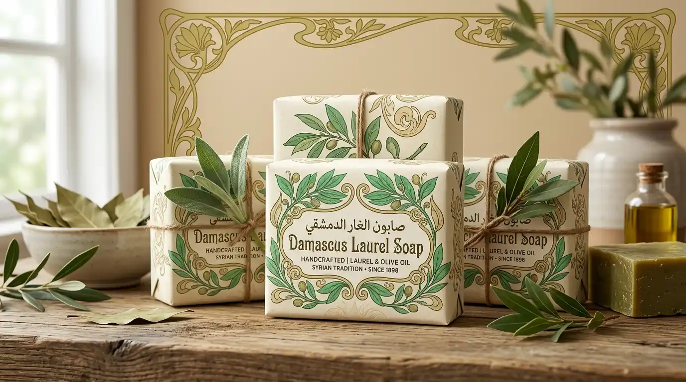 منتج صابون طبيعي بتغليف مستوحى من آرت نوفو مع زخارف نباتية وألوان طبيعية