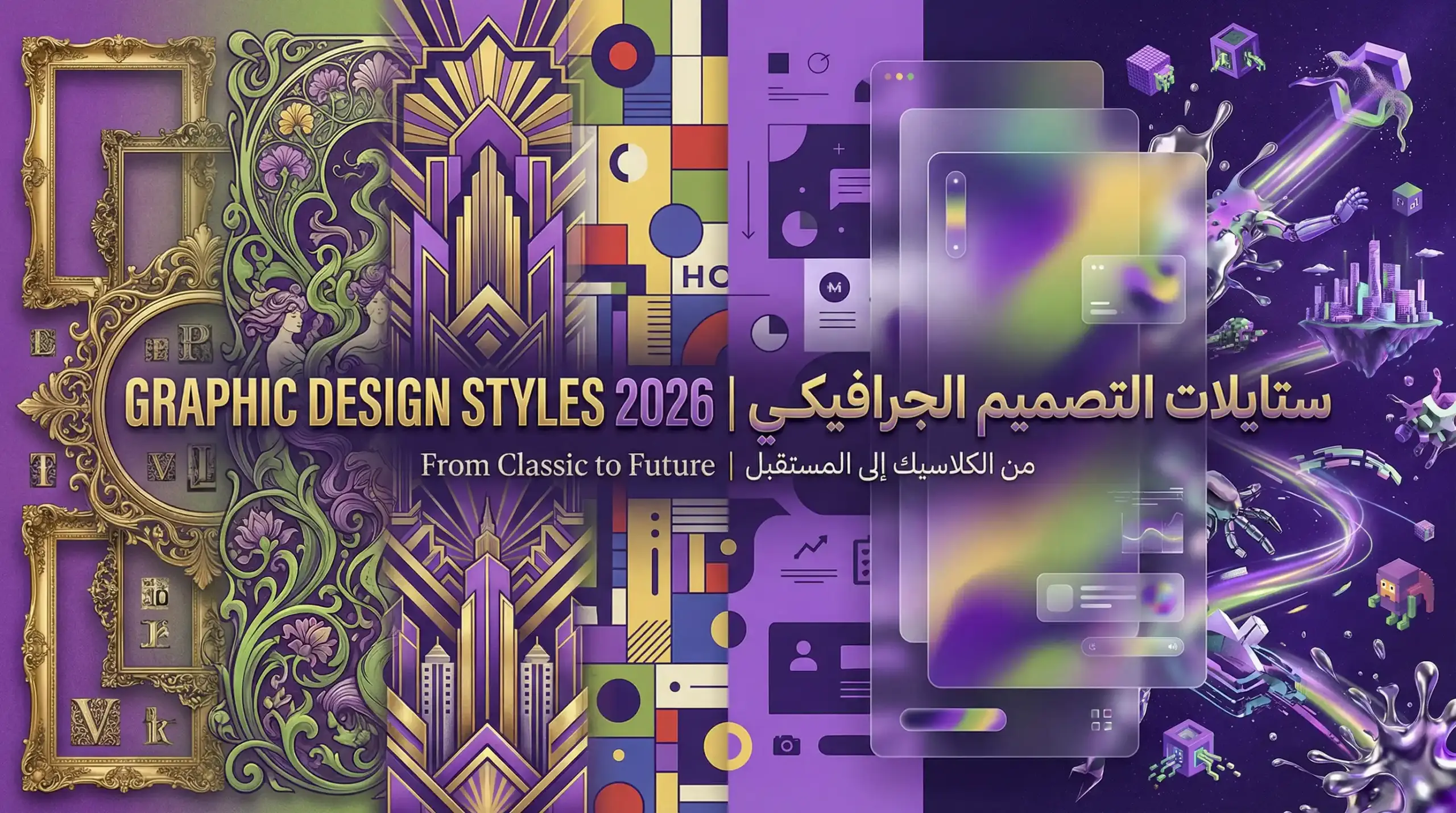 كولاج إبداعي يجمع جميع ستايلات التصميم الجرافيكي من الكلاسيك للمستقبل بألوان فينيقيا