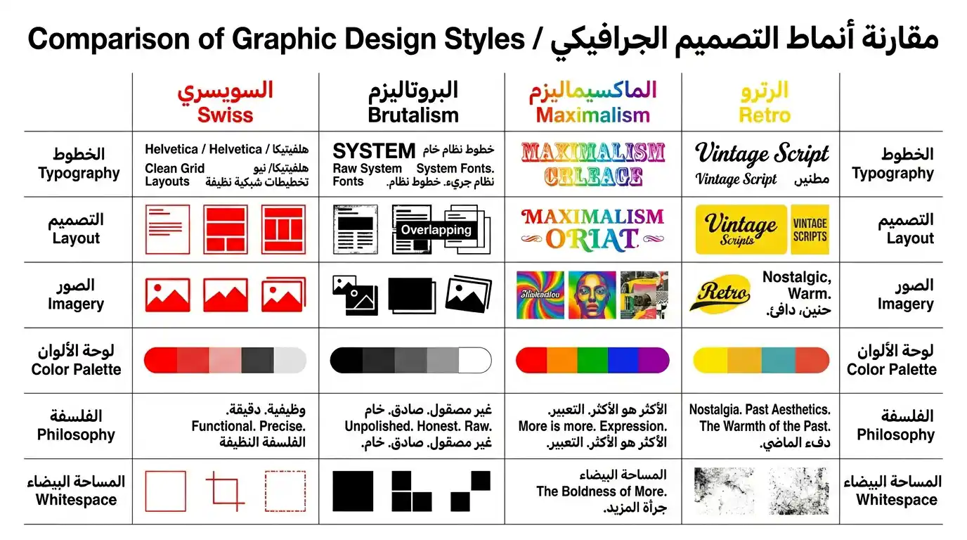 مقارنة بين الستايل السويسري وستايلات التصميم الأخرى