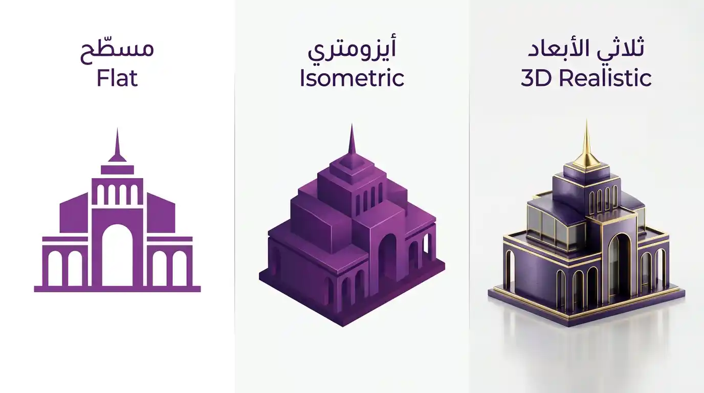 مقارنة بصرية بين التصميم المسطح والأيزومتري والثلاثي الأبعاد الواقعي