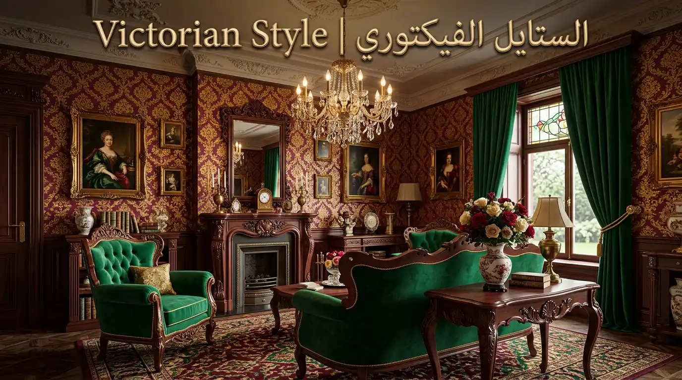 تصميم فيكتوري فخم يجمع بين الزخارف الكلاسيكية والألوان الغنية مع عناصر ذهبية