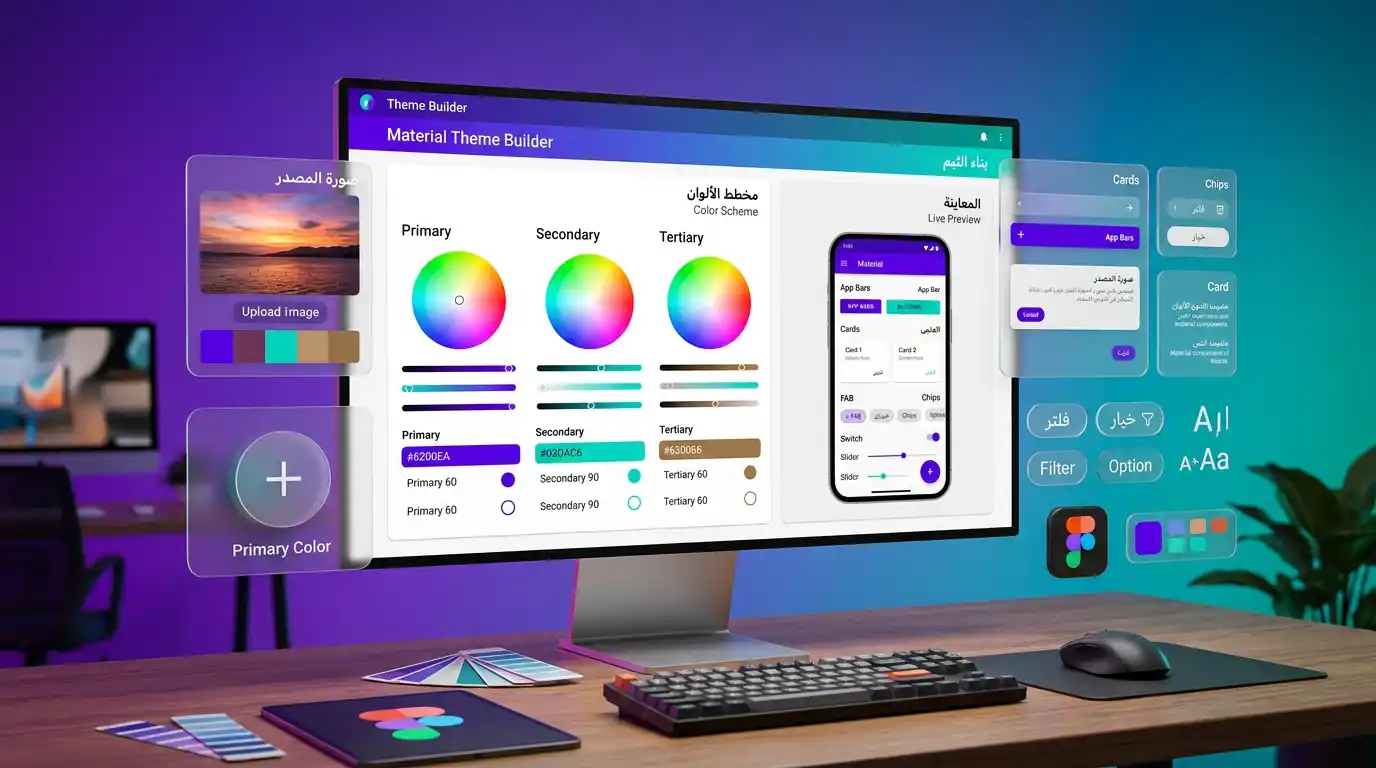 واجهة أدوات تصميم ماتيريال ديزاين الأساسية مع Material Theme Builder