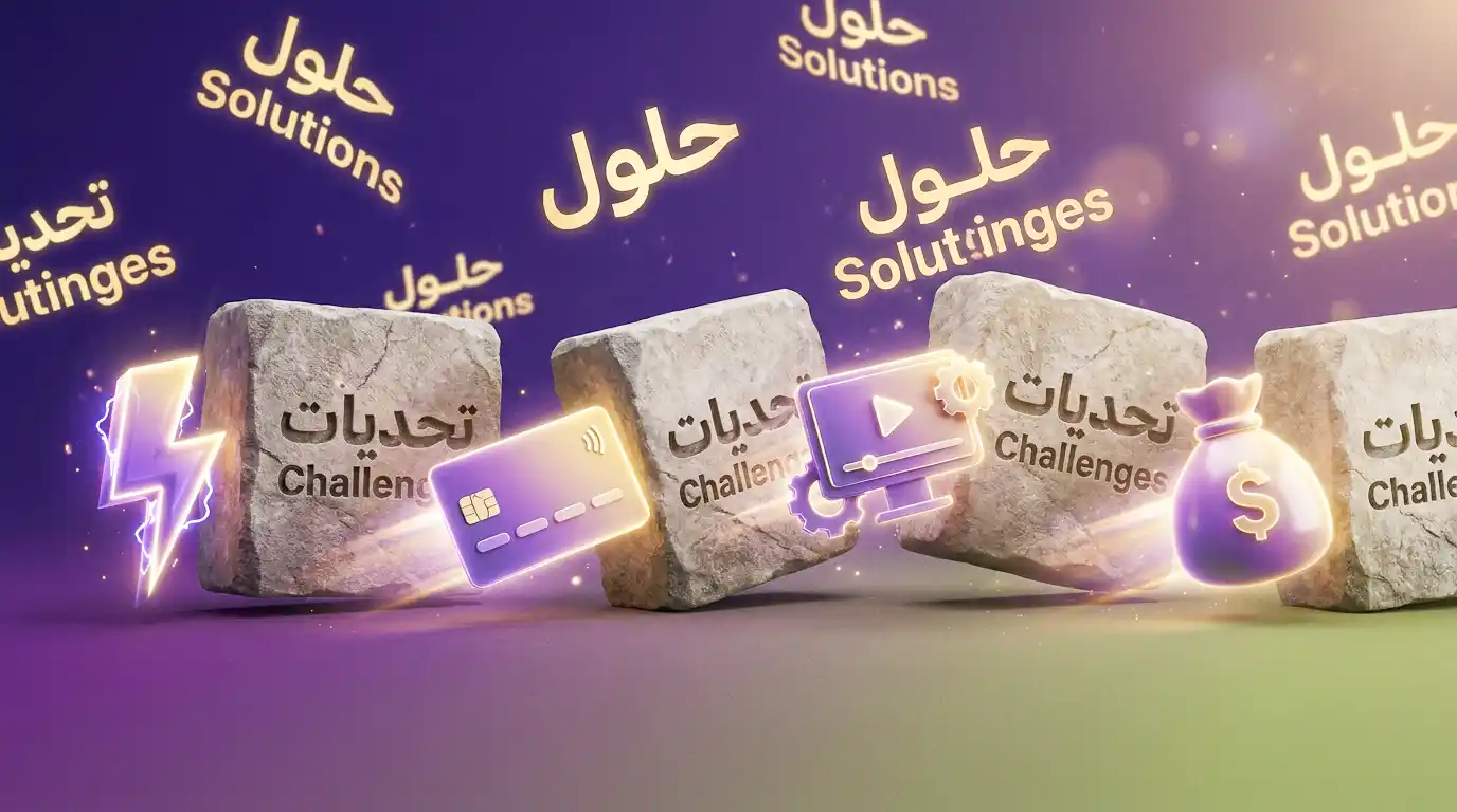 تصميم مبتكر يظهر عقبات السوق السوري كحجارة في طريق يتم إزاحتها بواسطة حلول رقمية حديثة بألوان فينيقيا