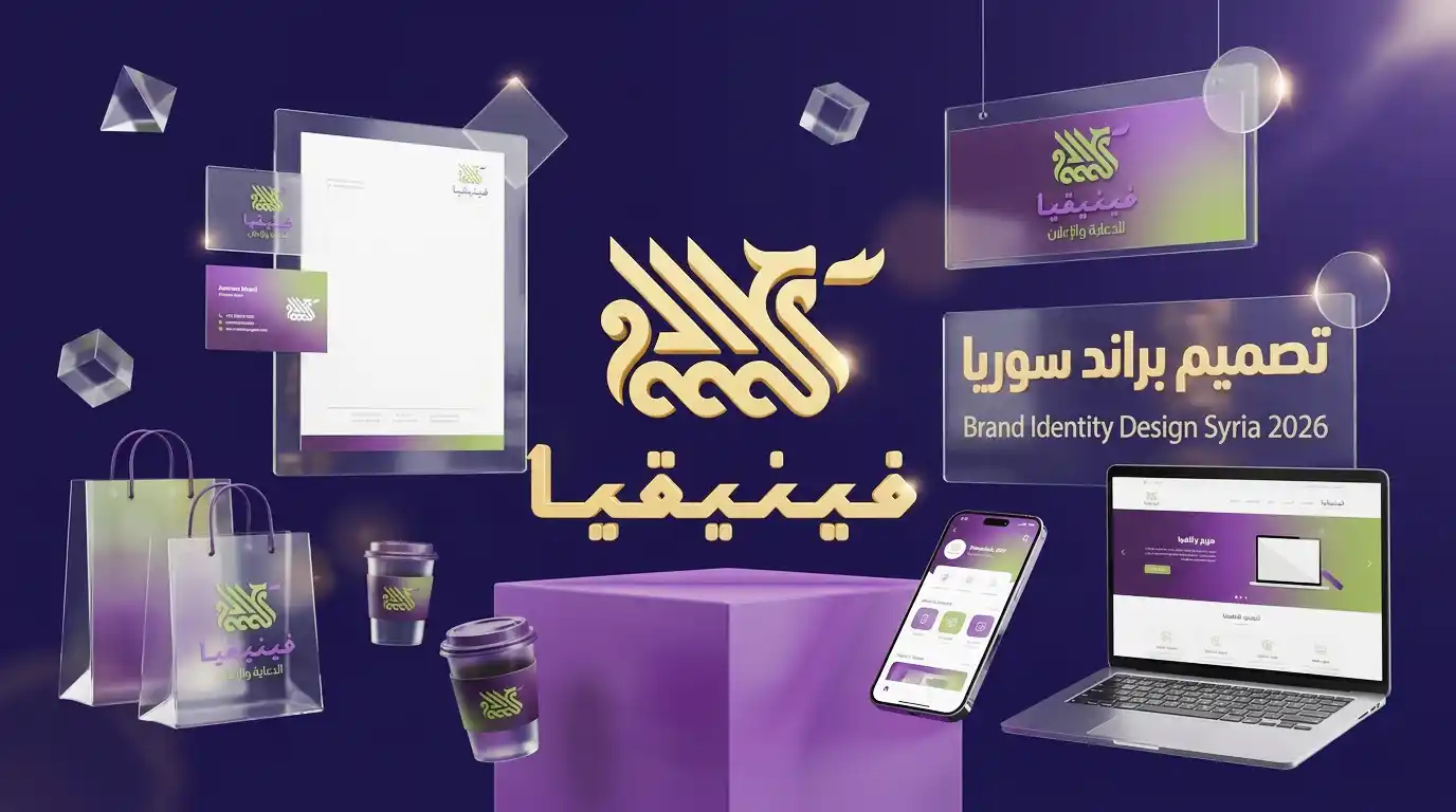 مشهد ثلاثي الأبعاد يجمع عناصر الهوية البصرية: شعار، بطاقات عمل، كتيبات، أكواب، شعارات على واجهة محل
