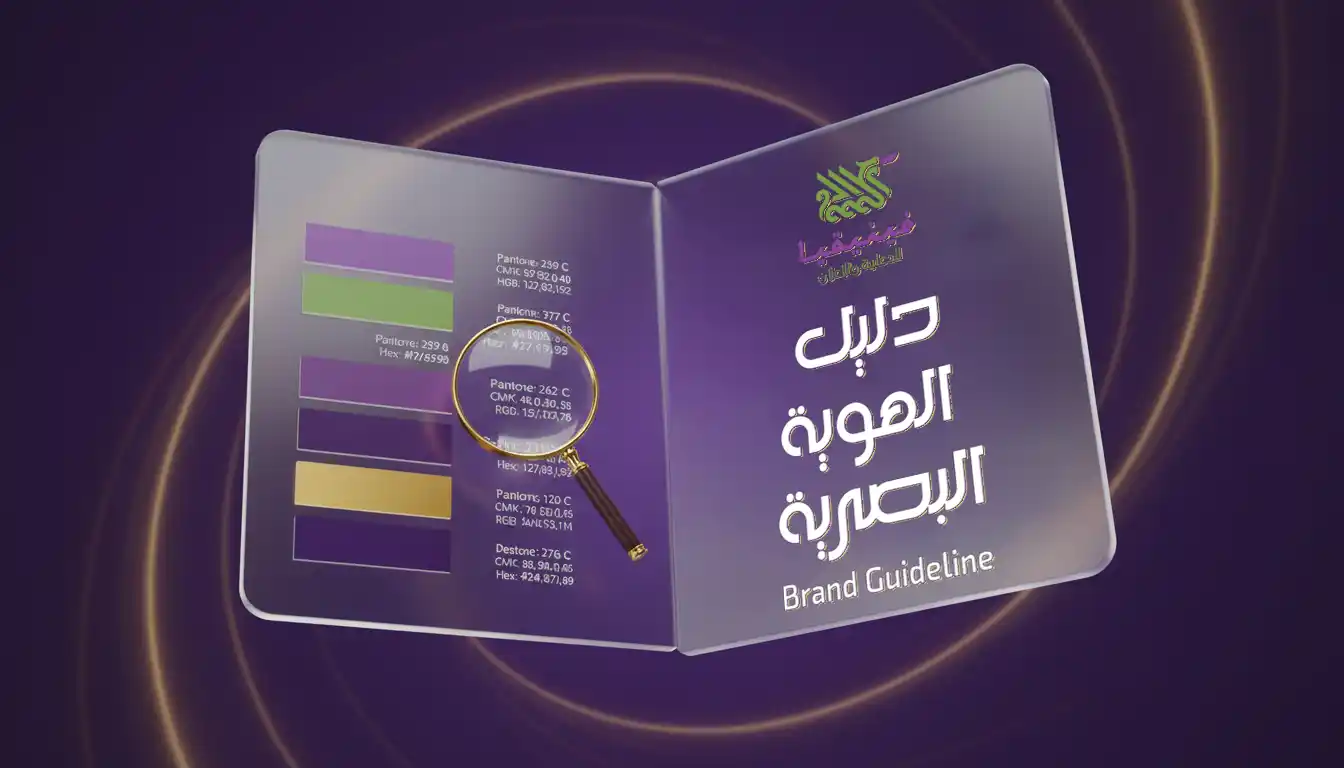 إنفوجرافيك يوضح دليل الهوية البصرية بتصميم راقي: صفحة الألوان، الخطوط، التطبيقات