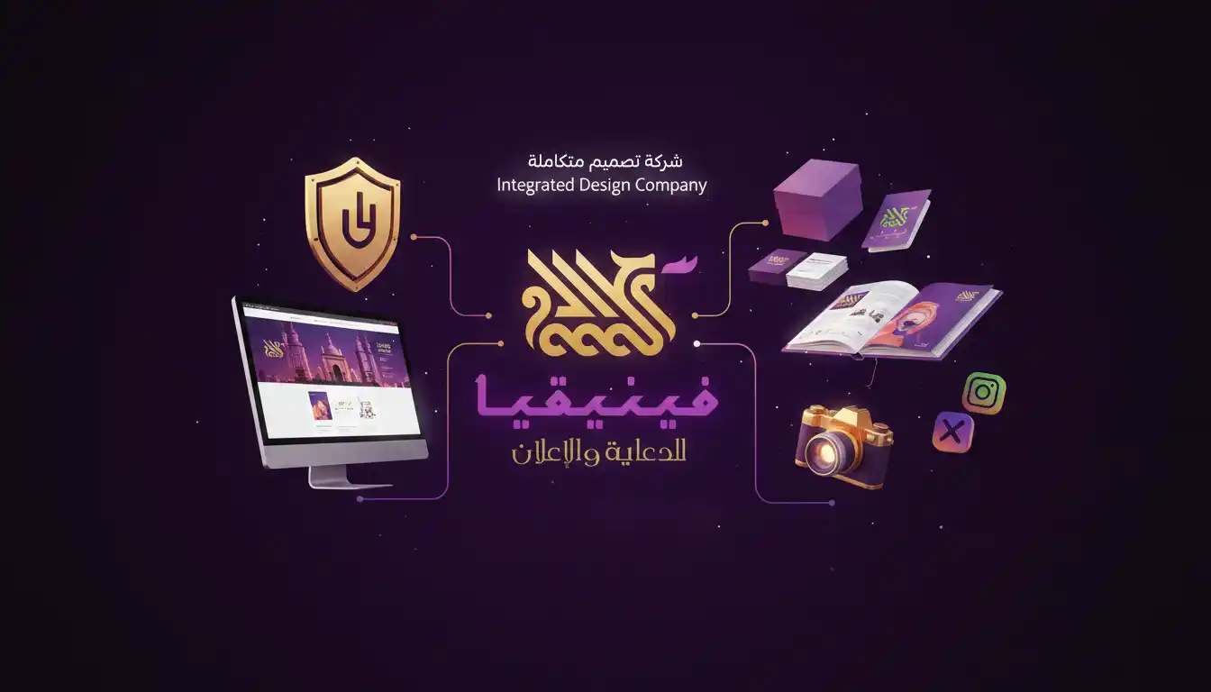 مشهد يجمع أدوات التصميم المختلفة (شعارات، مواقع، طباعة، تصوير) في مشهد بصري متكامل يمثل شركة تصميم في سوريا