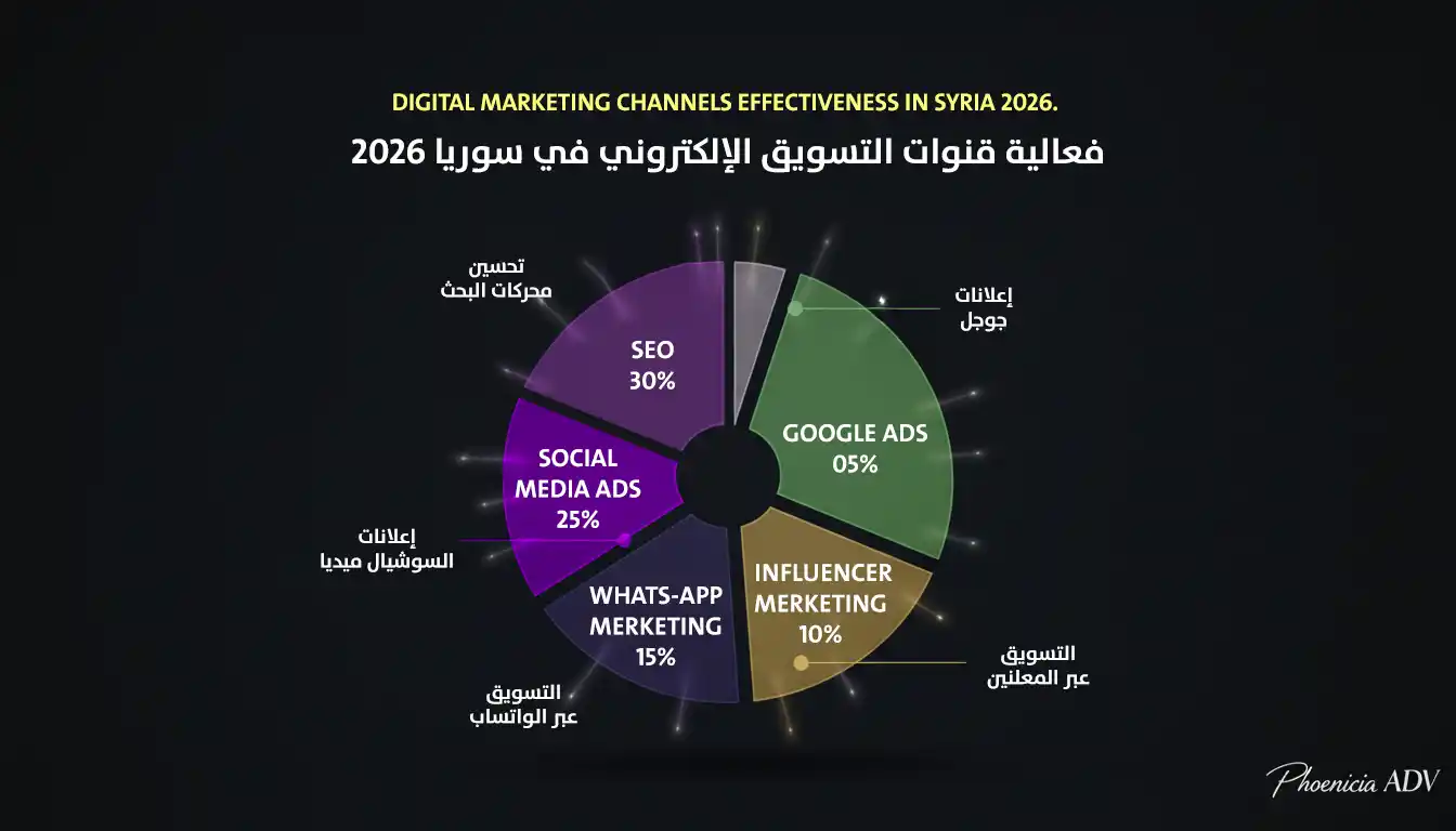 رسم بياني دائري يوضح توزيع قنوات التسويق الإلكتروني الأكثر فعالية في سوريا 2026