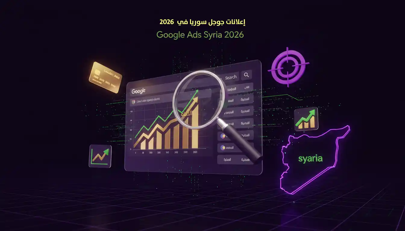 مشهد ثلاثي الأبعاد للوحة تحكم Google Ads مع أيقونات إعلانات تظهر في نتائج البحث وجوجل ماب