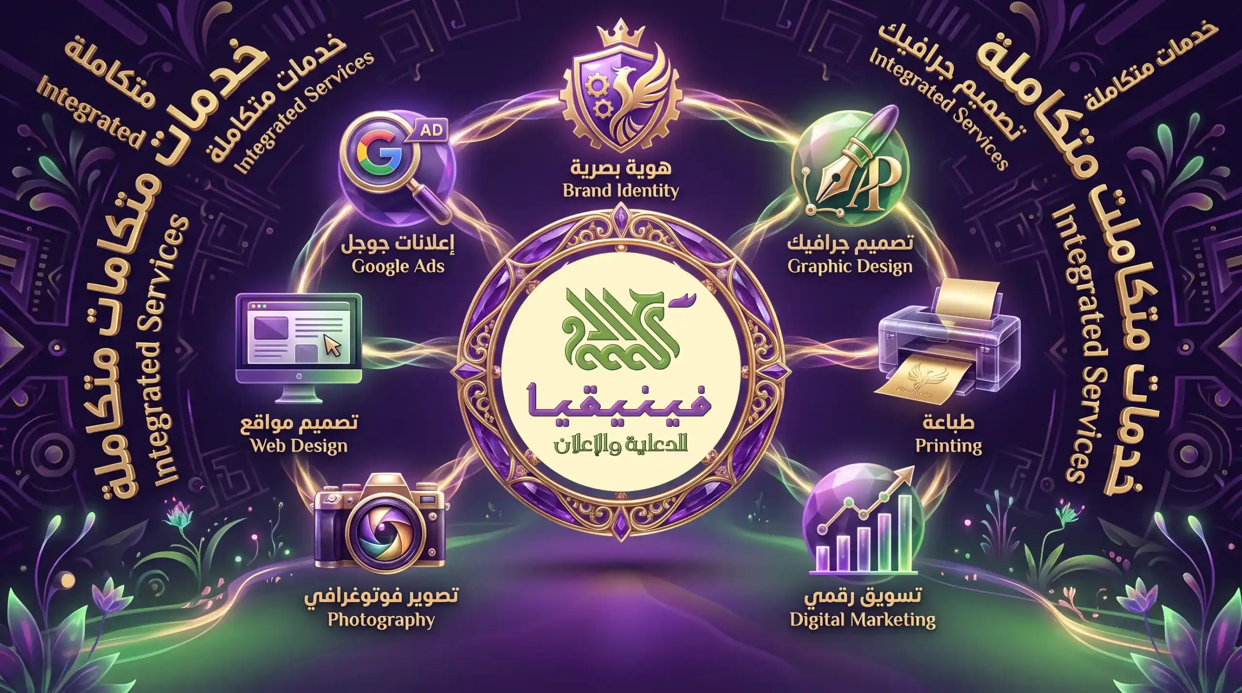 منضوة دائرية تظهر 7 خدمات متكاملة لفينيقيا للدعاية والإعلان في حمص بشكل بصري جذاب