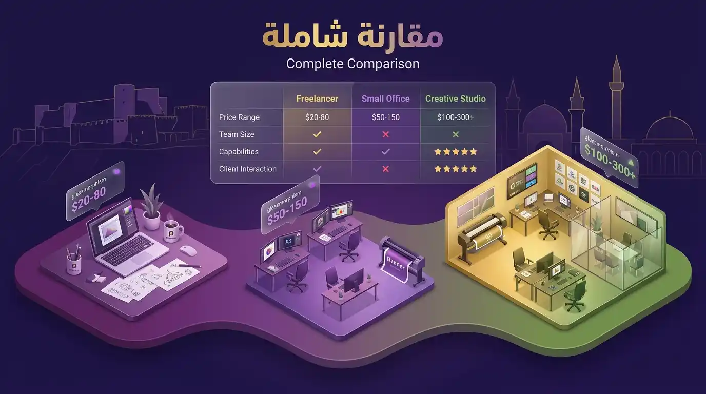 جدول مقارنة بين مصمم فريلانس ومكتب تصميم وشركة متكاملة في حمص 2026