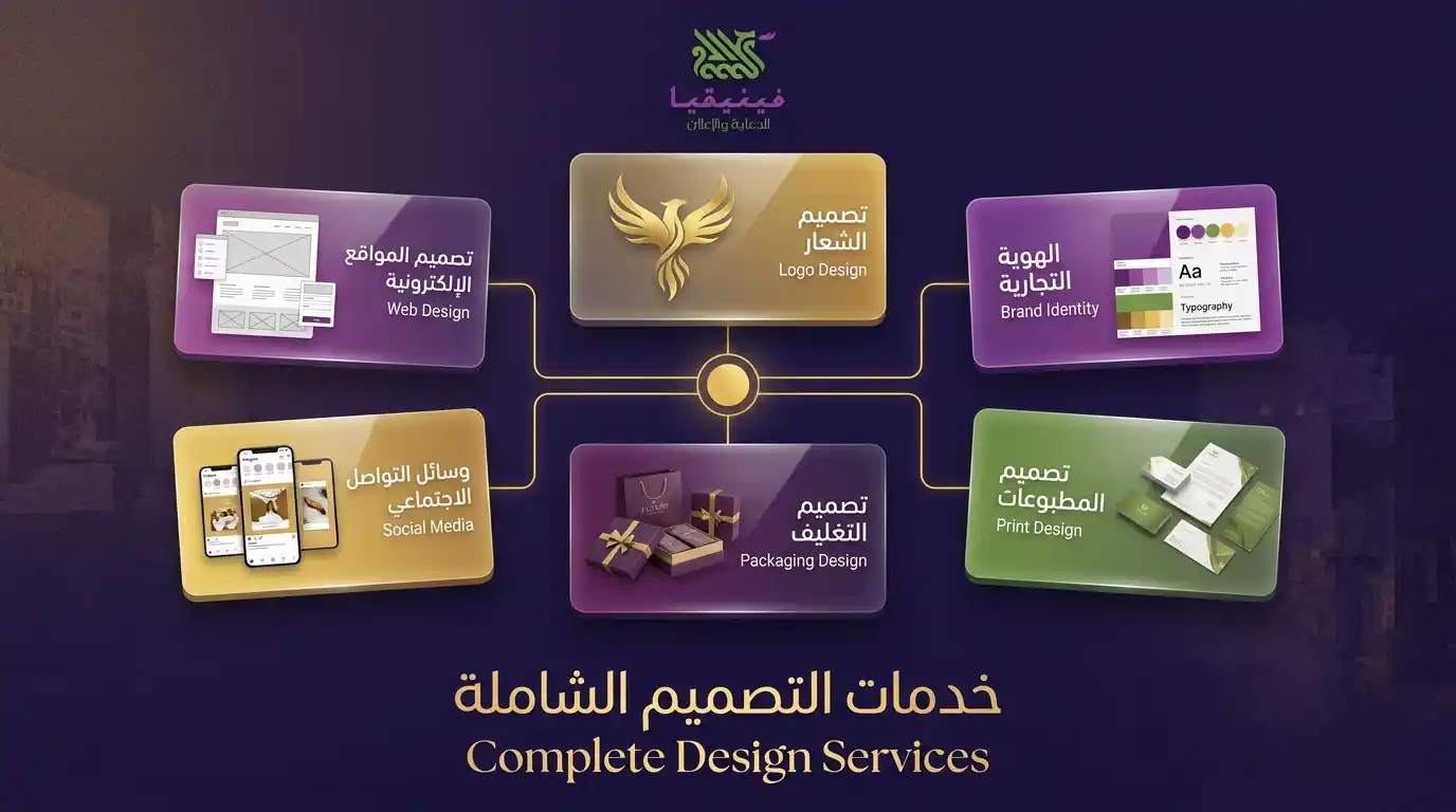 خدمات التصميم الجرافيكي المقدمة من فينيقيا في حمص – شعار هوية طباعة تغليف سوشيال