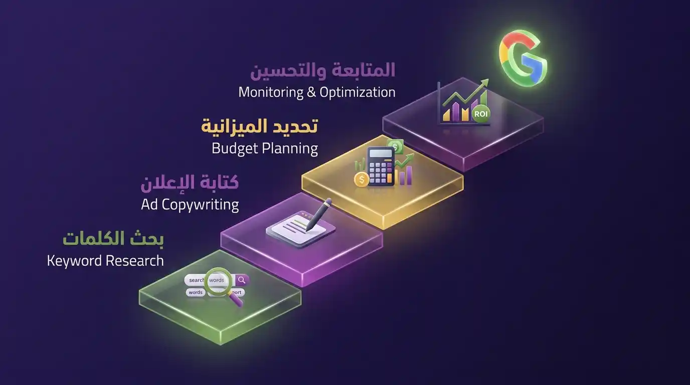 4 خطوات إطلاق حملة Google Ads – بحث كلمات، كتابة إعلان، ميزانية، متابعة
