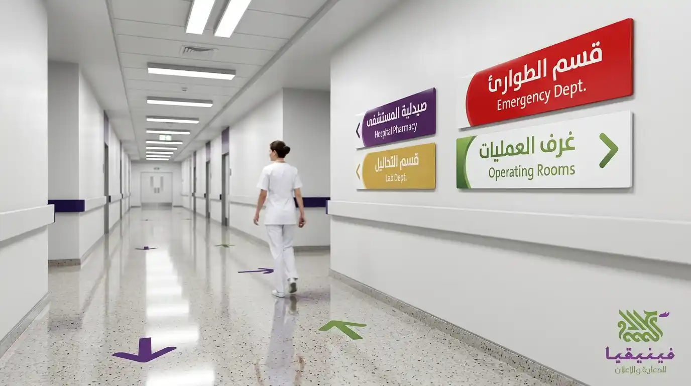 لافتات طبية توجيهية داخل مستشفى بحمص – طوارئ عمليات صيدلية تحاليل