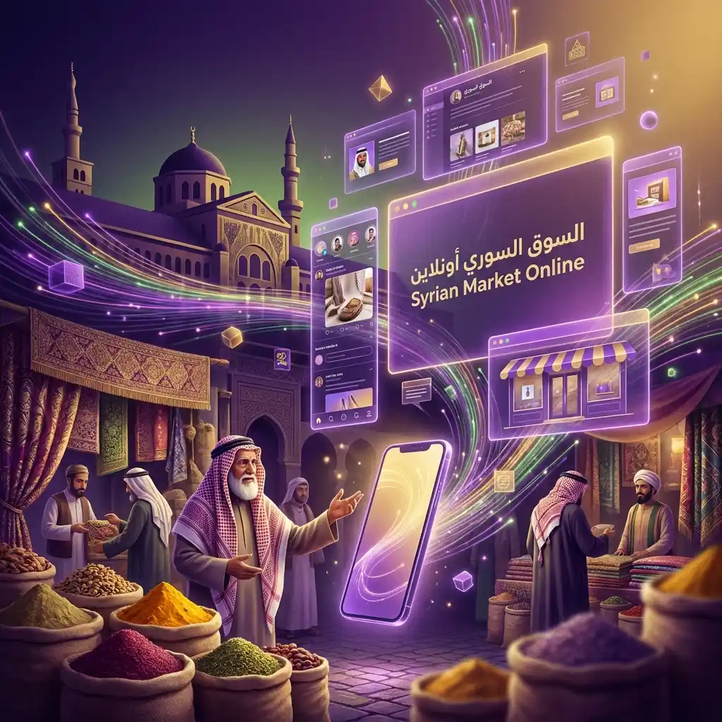 مشهد يصور سوقاً سورية تقليدية تندمج مع عناصر رقمية حديثة مثل شاشات الهواتف الذكية ولوحات الإعلانات الرقمية، بألوان فينيقيا الأرجواني (#7f3f98) والذهبي (#f4d06f)