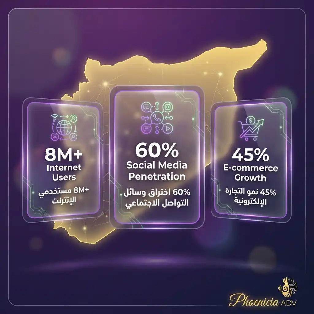 رسم معلوماتي يعرض إحصائيات استخدام الإنترنت والسوشيال ميديا في سوريا لعام 2026 بتصميم فينيقيا المميز بالأرجواني والأخضر