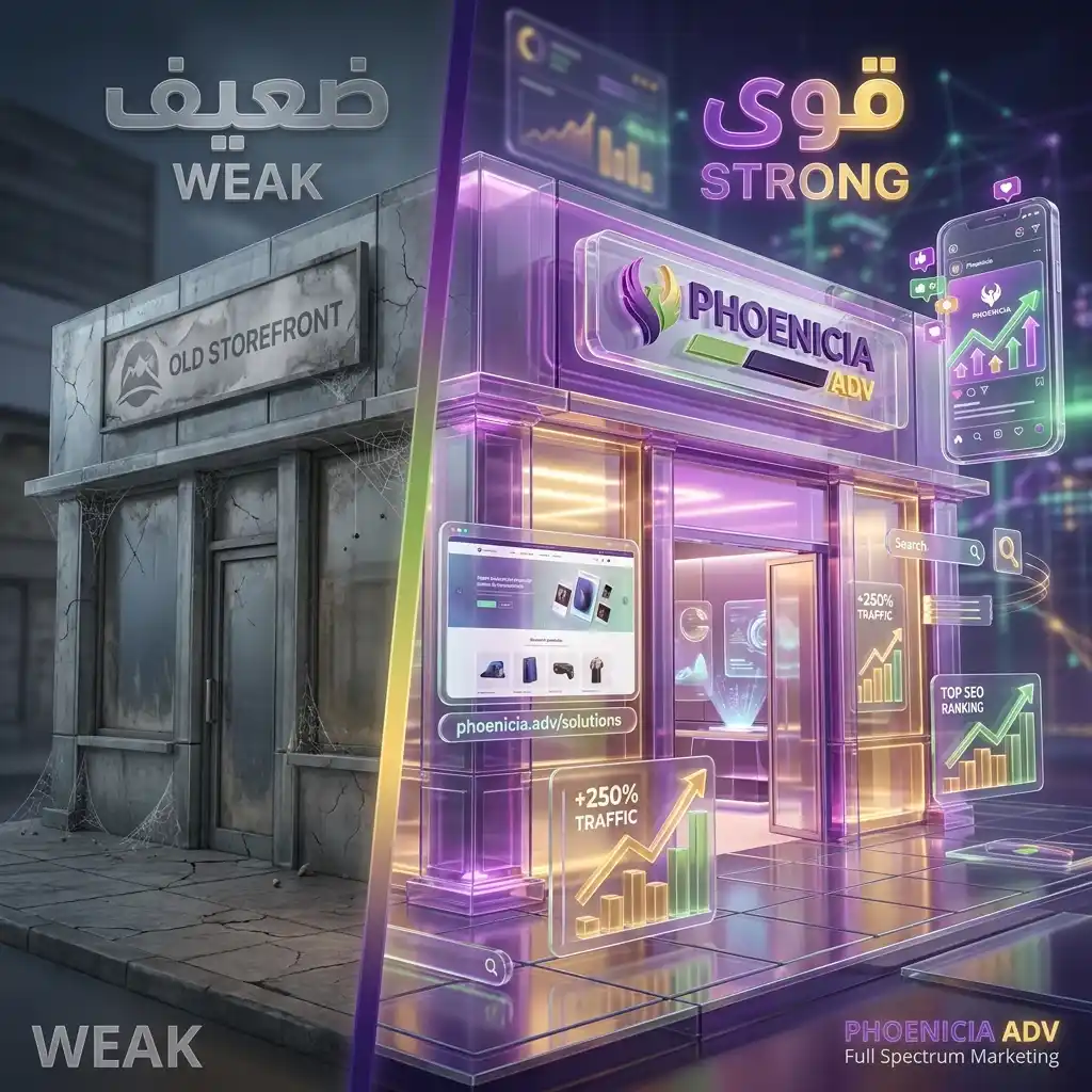 رسم توضيحي يقارن بين شركة ذات حضور رقمي قوي وأخرى ضعيفة باستخدام درجات الأرجواني والذهبي من فينيقيا